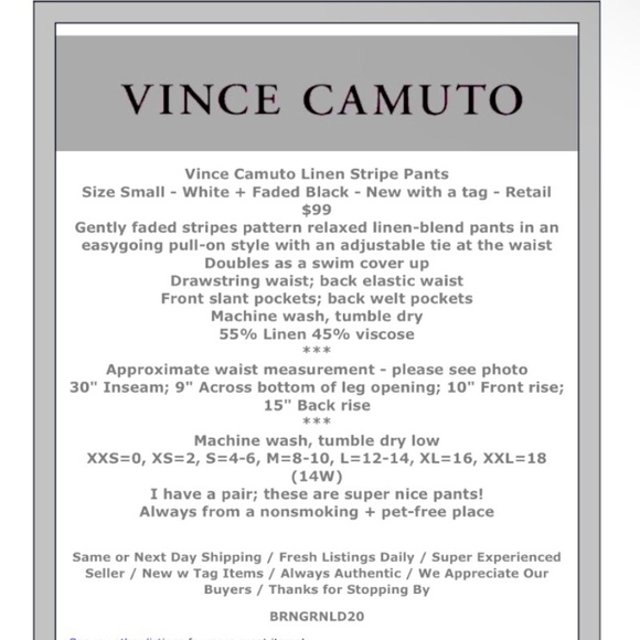 $99 Vince Camuto Linen Pants Small 4 6 White + Faded Black Stripe Swim Cover Up - Picture 2 of 11